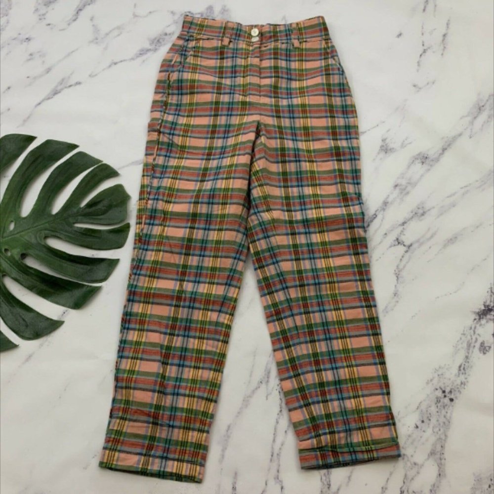 J.Crew High Rise Straight Leg Pant Size 0 Pink Green Ribbon Plaid Cotton - Picture 4 of 4